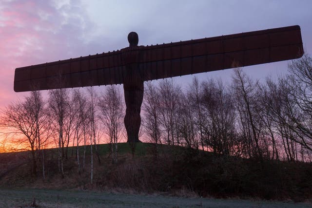 Sunrise at the Angel of the North in Gateshead. Today marks the 20th anniversary of the installation of Antony Gormley’s statue was installed in the north-east of England, costing ?800,000 at the time.