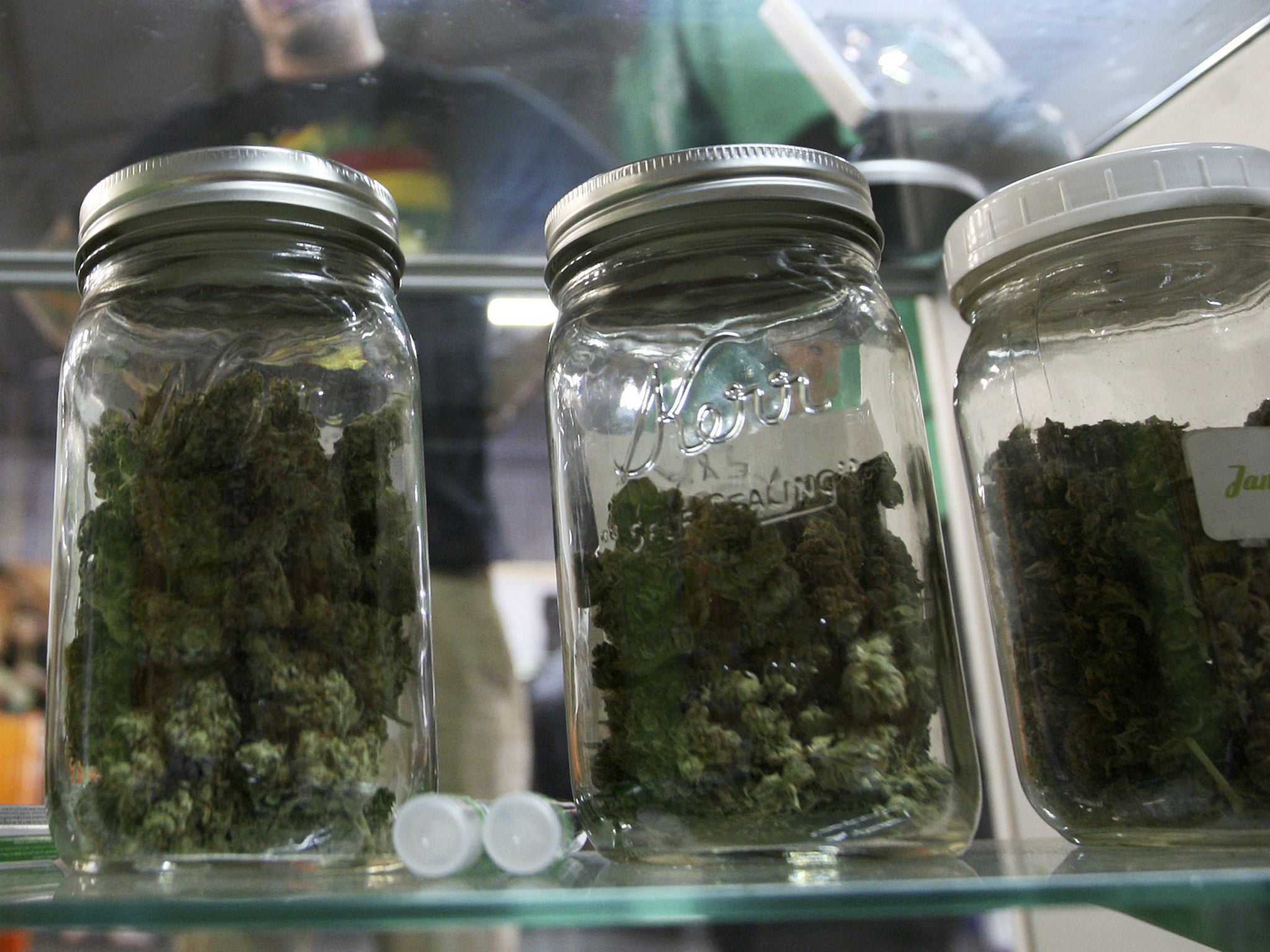 Jars of marijuana at a medical marijuana farmers market in Los Angeles, California