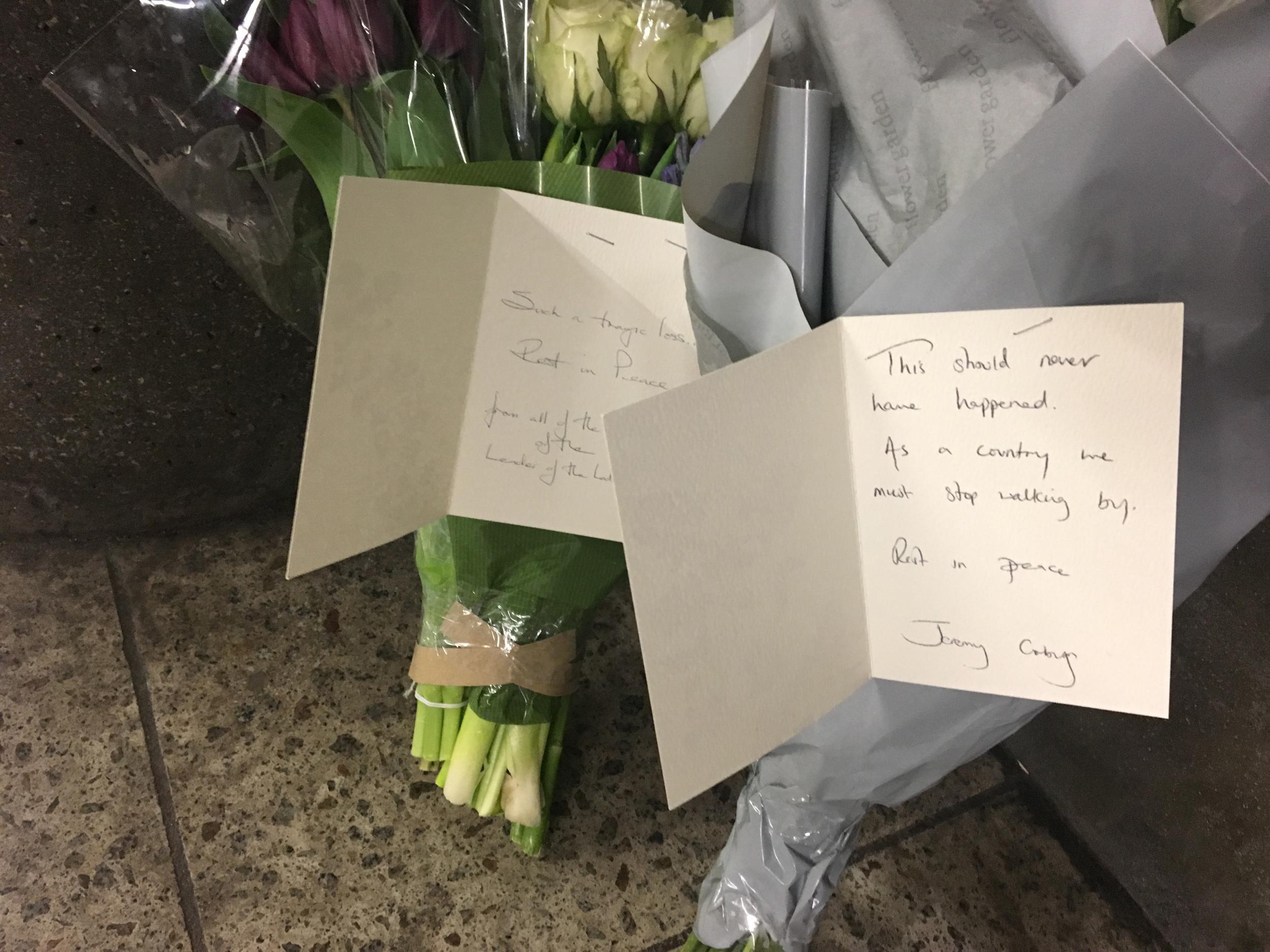 The Labour leader Jeremy Corbyn left flowers at the scene yesterday