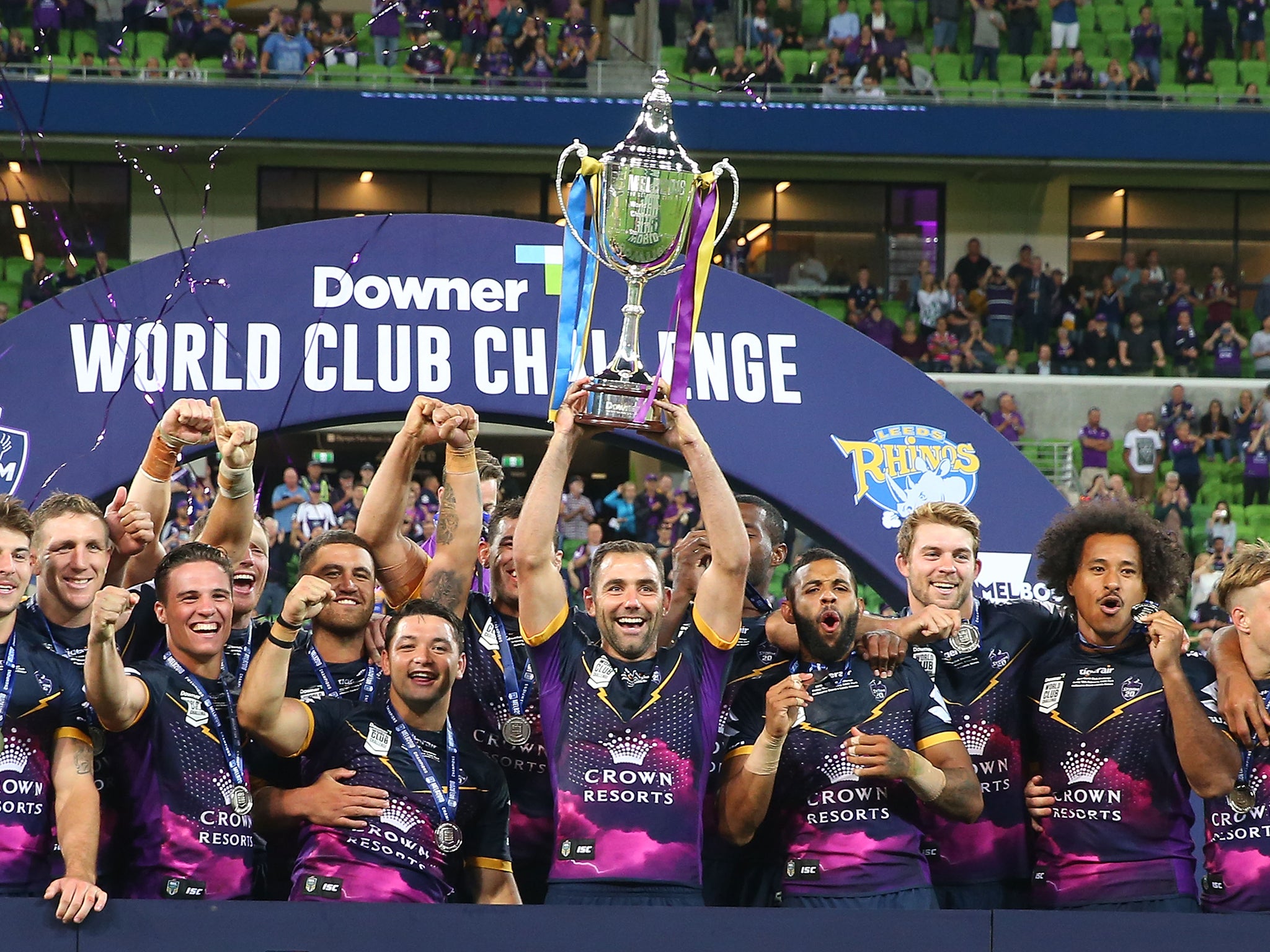 Cameron Smith lifts the World Club Challenge trophy after Melbourne Storm beat Leeds Rhinos