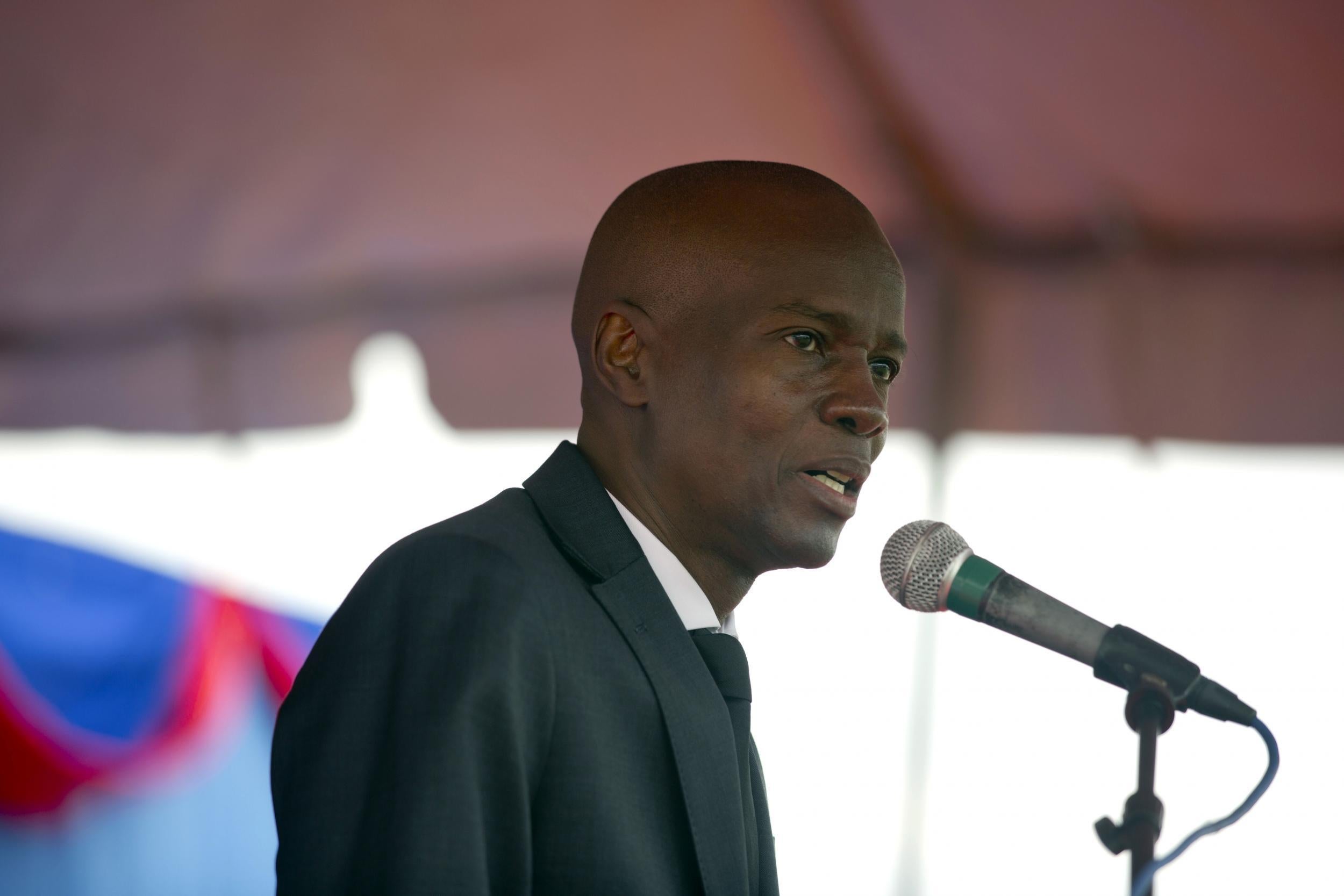 Haitian President Jovenel Moise speaking at a ceremony on the eighth anniversary of the 2010 earthquake in January