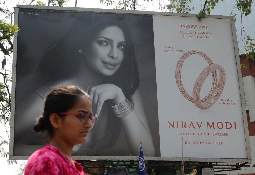 A billboard featuring actress Priyanka Chopra promoting Nirav Modi jewellery is pictured in Mumbai
