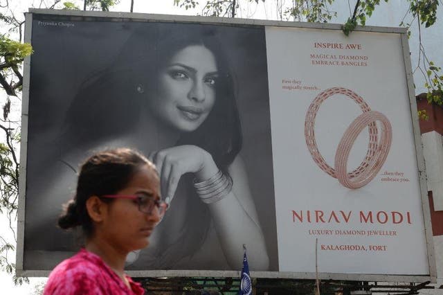 A billboard featuring actress Priyanka Chopra promoting Nirav Modi jewellery is pictured in Mumbai