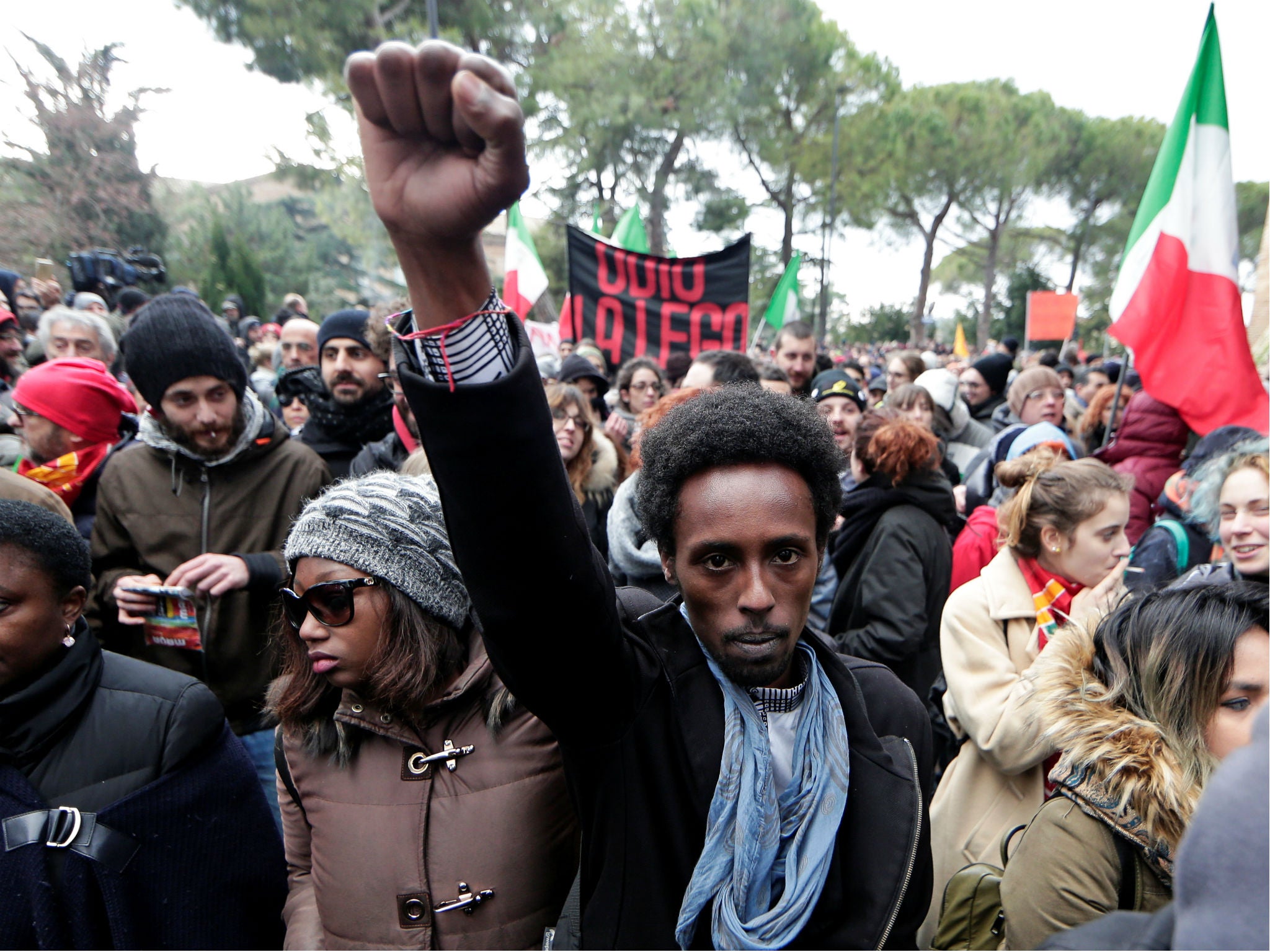Demonstrators march during an anti-racism rally in Macerata earlier this month