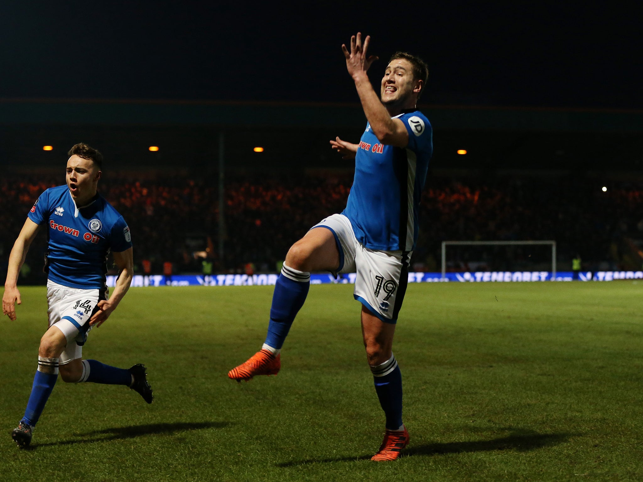 Steven Davies celebrates scoring Rochdale's equaliser