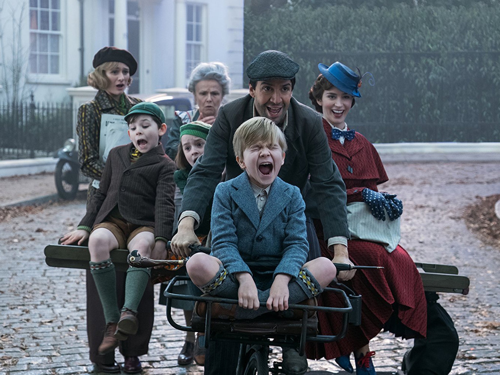 Cast of ‘Mary Poppins Returns’ with Mortimer as Jane Banks (back left)