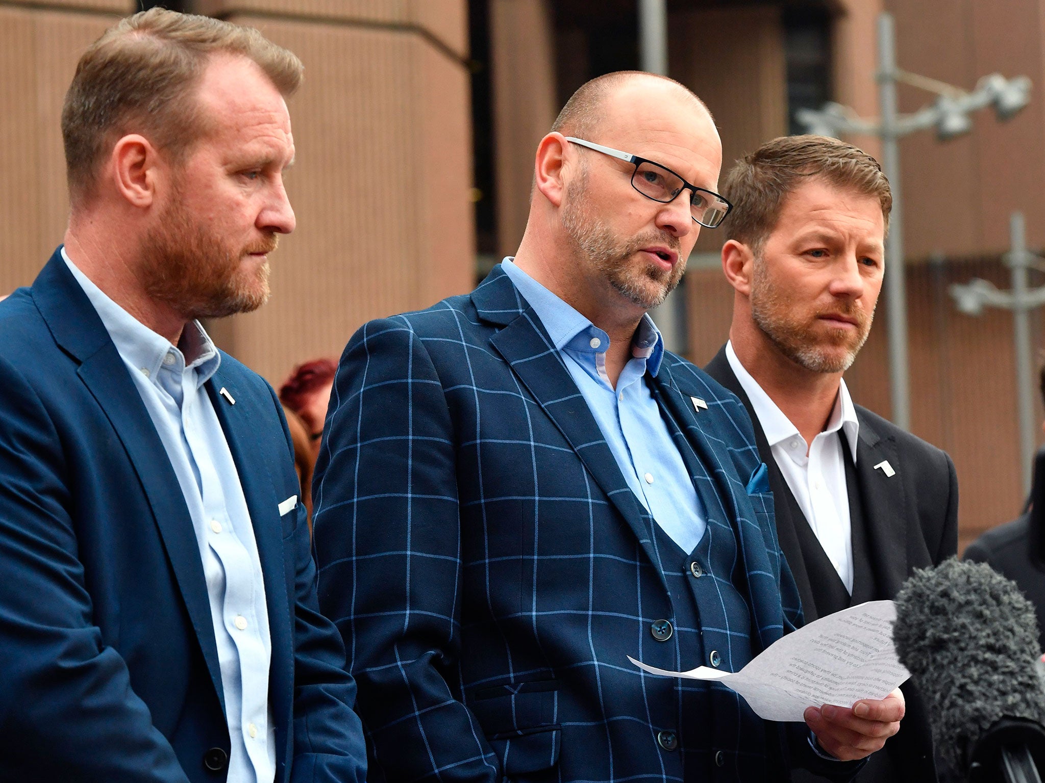 Justice: Micky Fallon, Chris Unsworth and Steve Walters outside Liverpool Crown Court on 19 February (AFP/Getty)