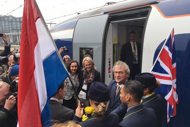 <p>Happier times: The arrival of the first direct London-Amsterdam train</p>