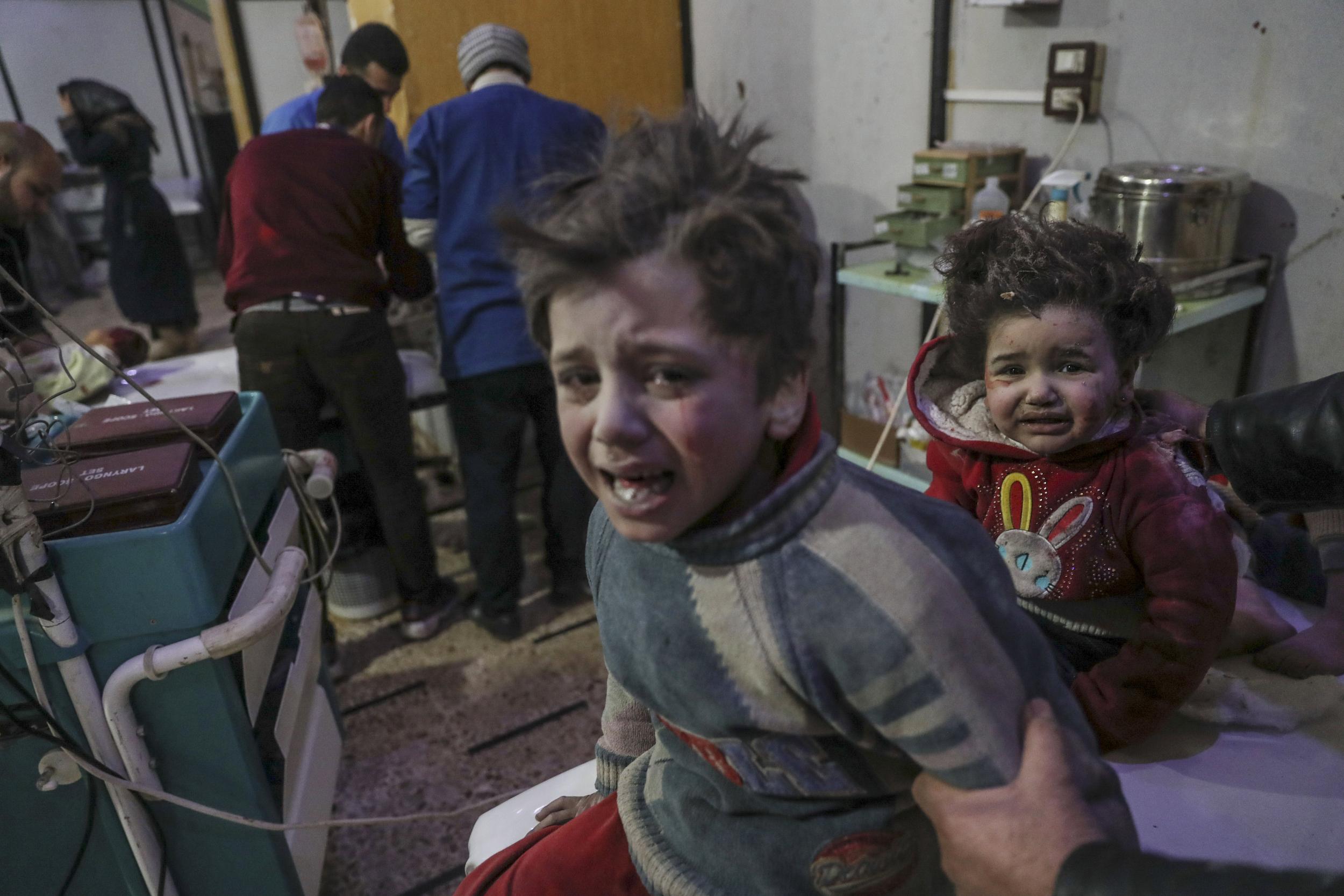 Injured children are treated at a hospital in rebel-held Douma, Eastern Ghouta