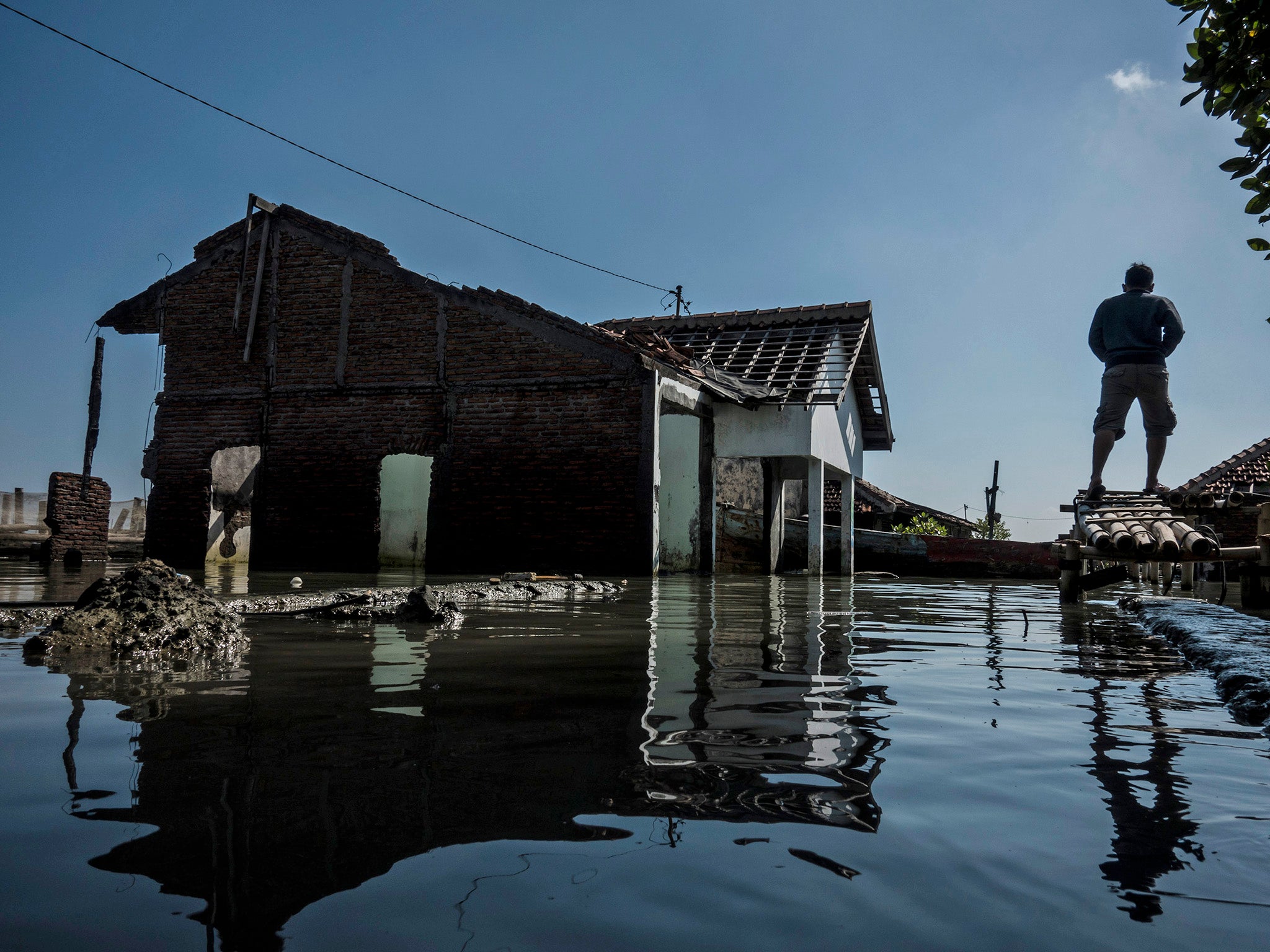 A man walks near abandoned houses surrounded by rising sea levels at Sriwulan village in Indonesia