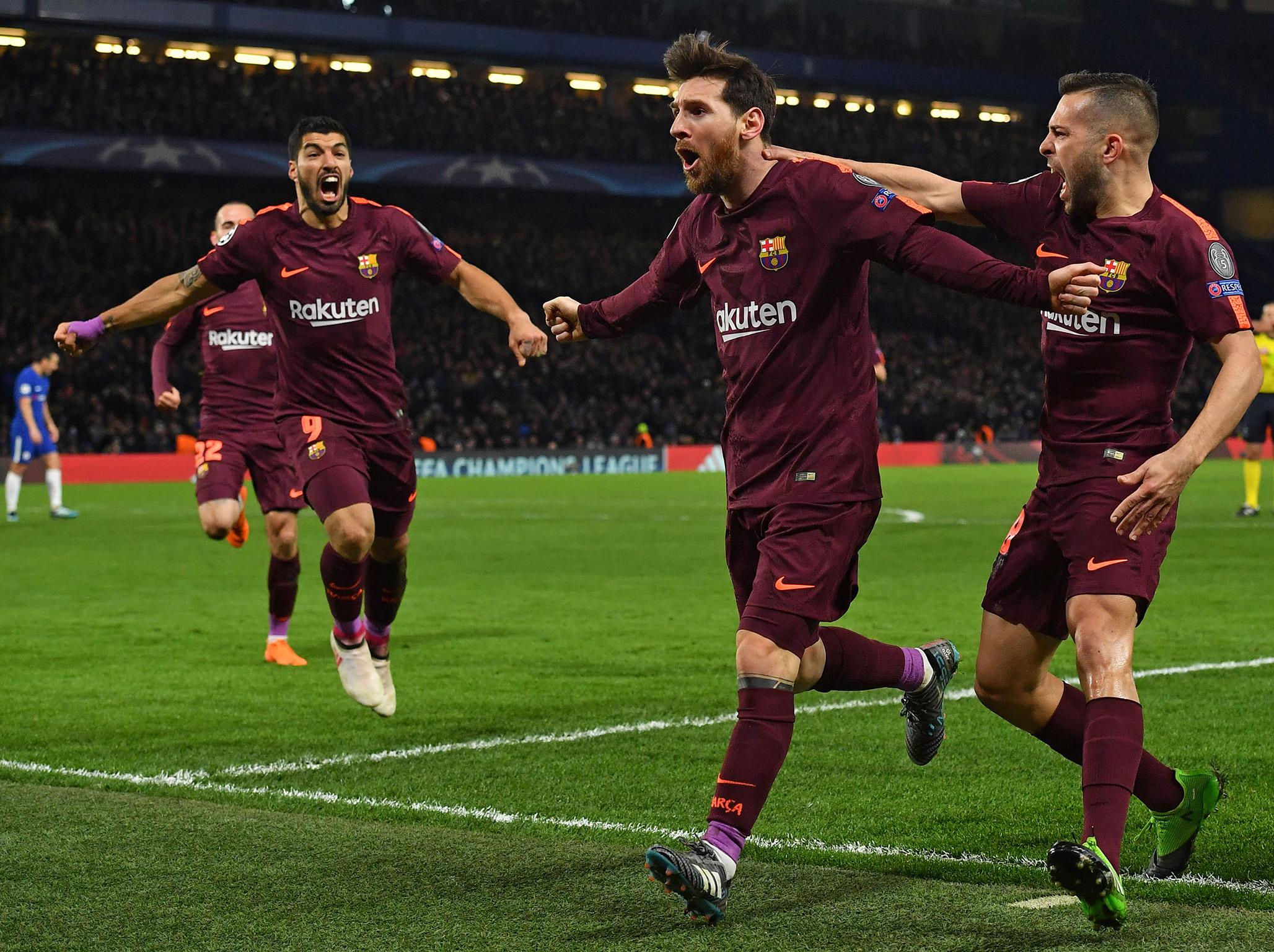 Lionel Messi celebrates Barcelona’s crucial away goal
