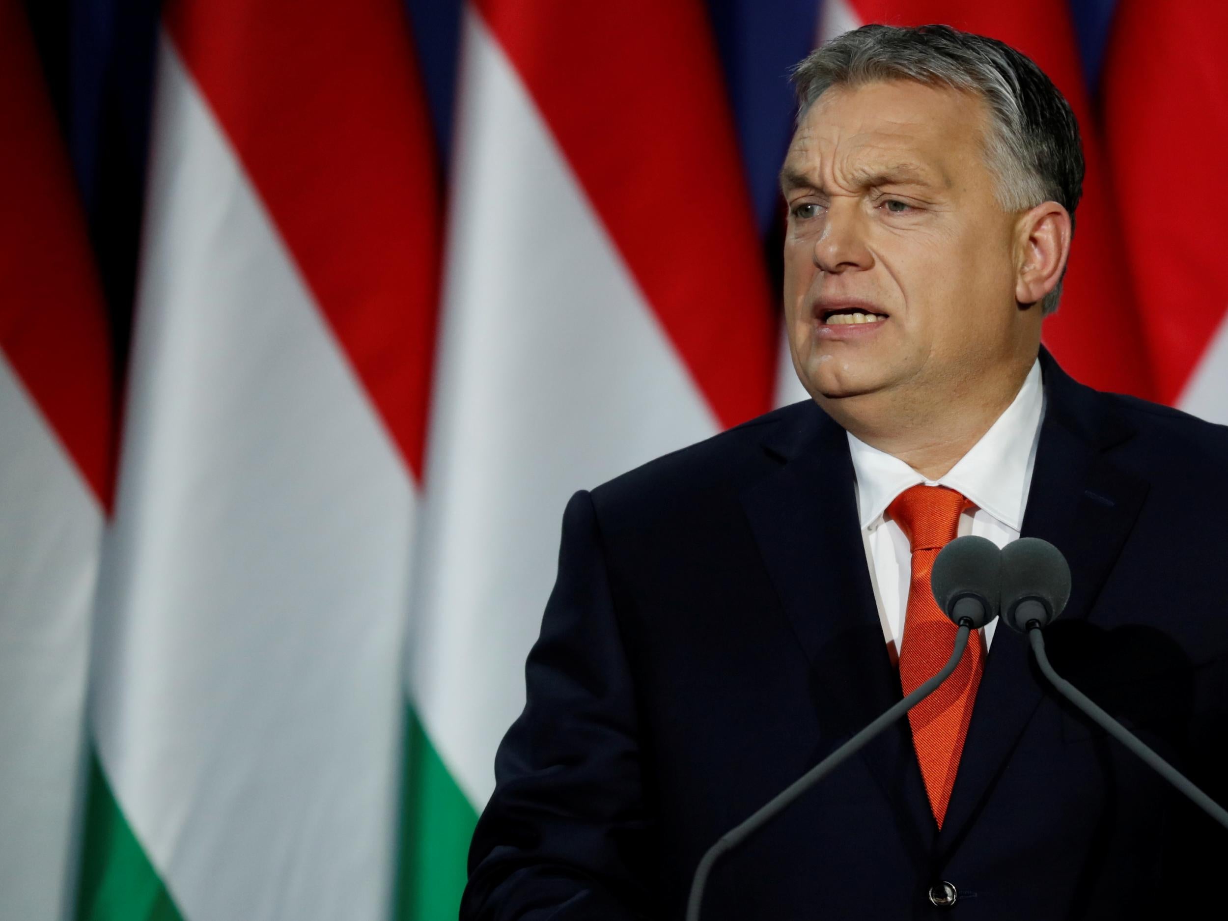 Hungarian Prime Minister Viktor Orban delivers his annual state of the nation speech in Budapest. Slogan reads "For us, Hungary first!"