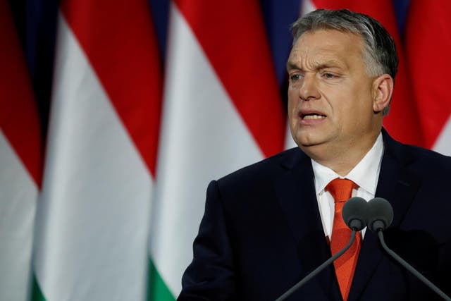 Hungarian Prime Minister Viktor Orban delivers his annual state of the nation speech in Budapest. Slogan reads "For us, Hungary first!"