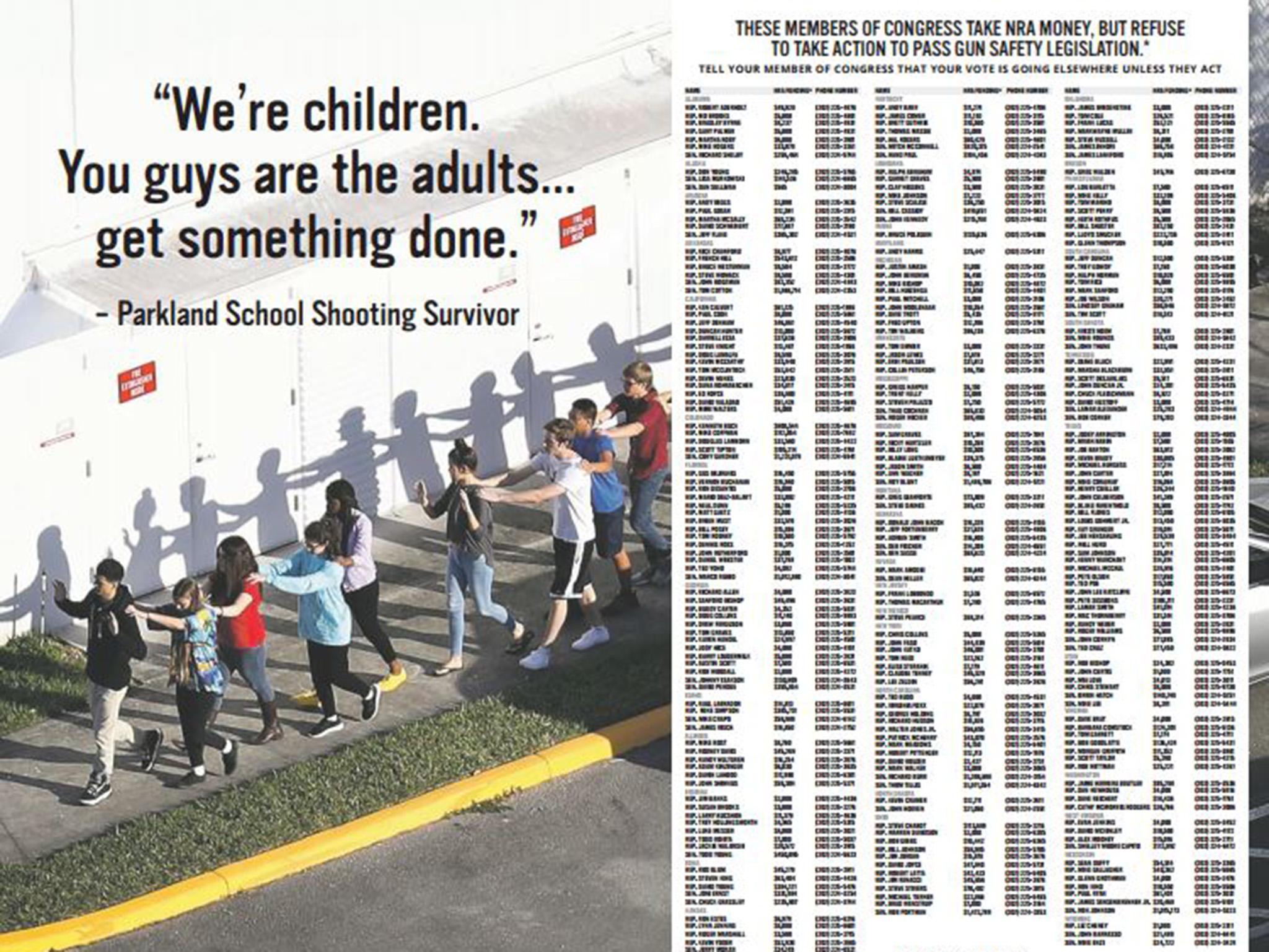 The advert shows children escaping the Florida school shooting and the words of survivor David Hogg: 'We're the children. You guys are the adults … Get something done.'
