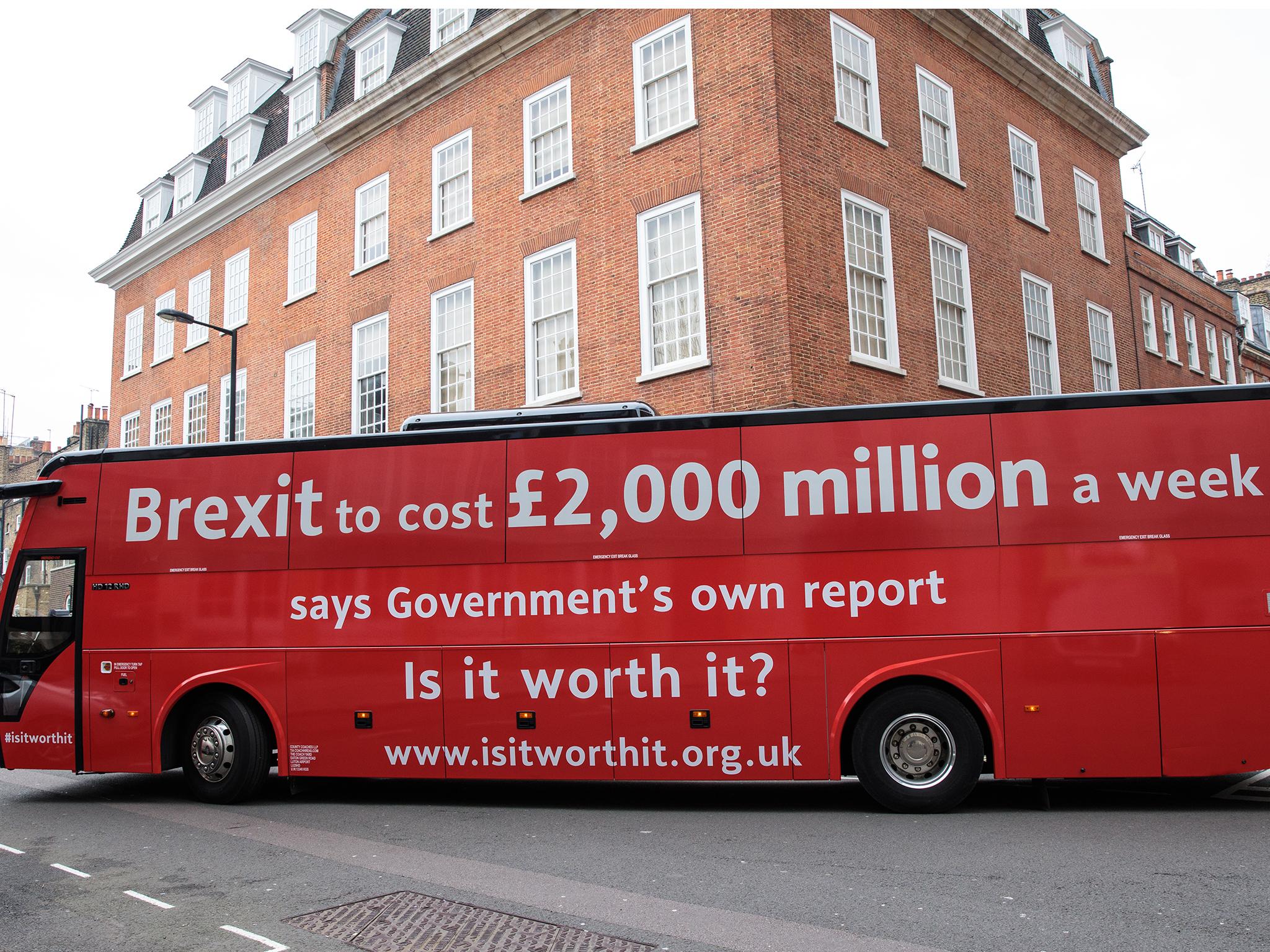An anti-Brexit campaign battle bus drives through Westminster
