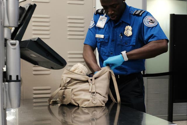 A Transportation Security Administration (TSA) worker screens passengers