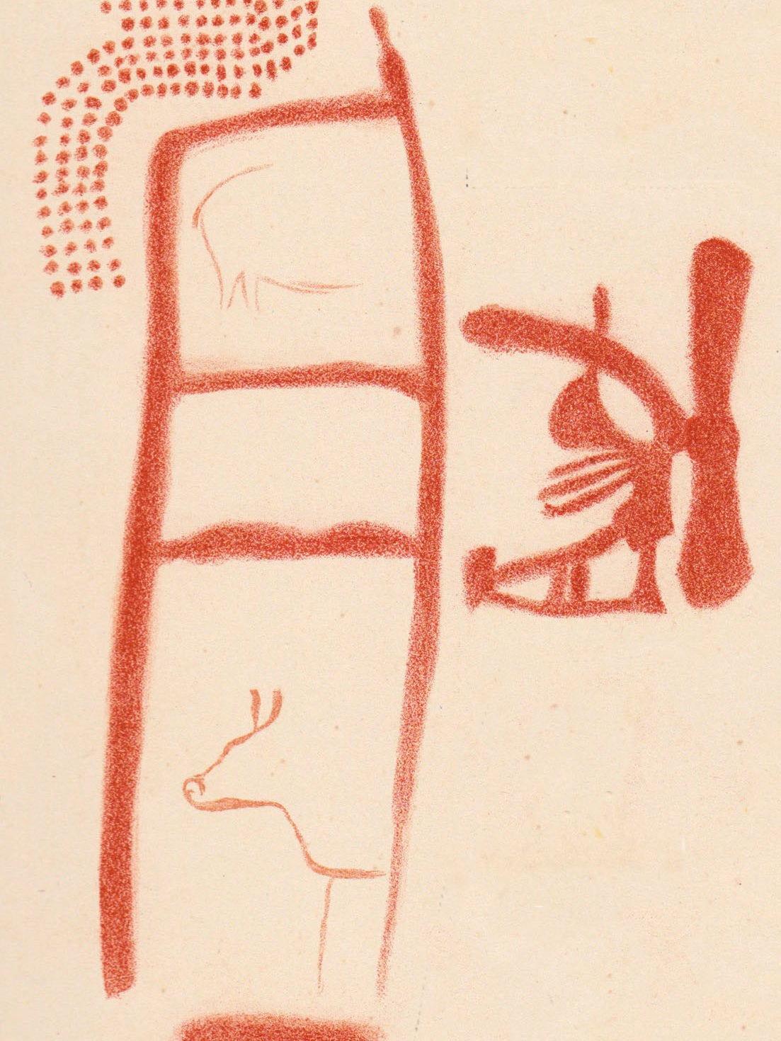 A close up of one of the paintings. The red ladder symbol has a minimum age of 64,000 years and has therefore been attributed to Neanderthals, but it is unclear if the animals and other symbols were painted later (Breuil et al)