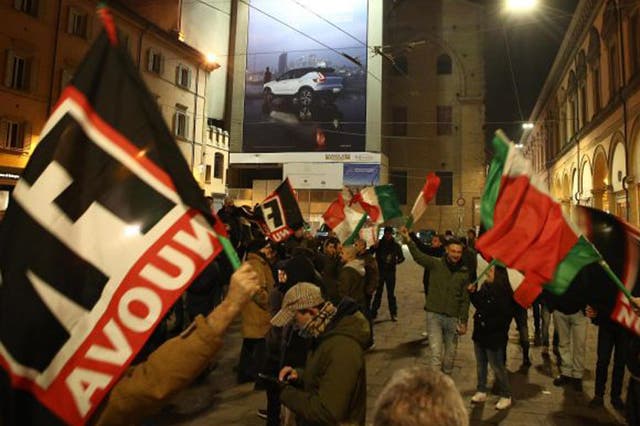 Members of the far-right Italian movement 'Forza Nuova' demonstre in Bologna, Italy, 16 February