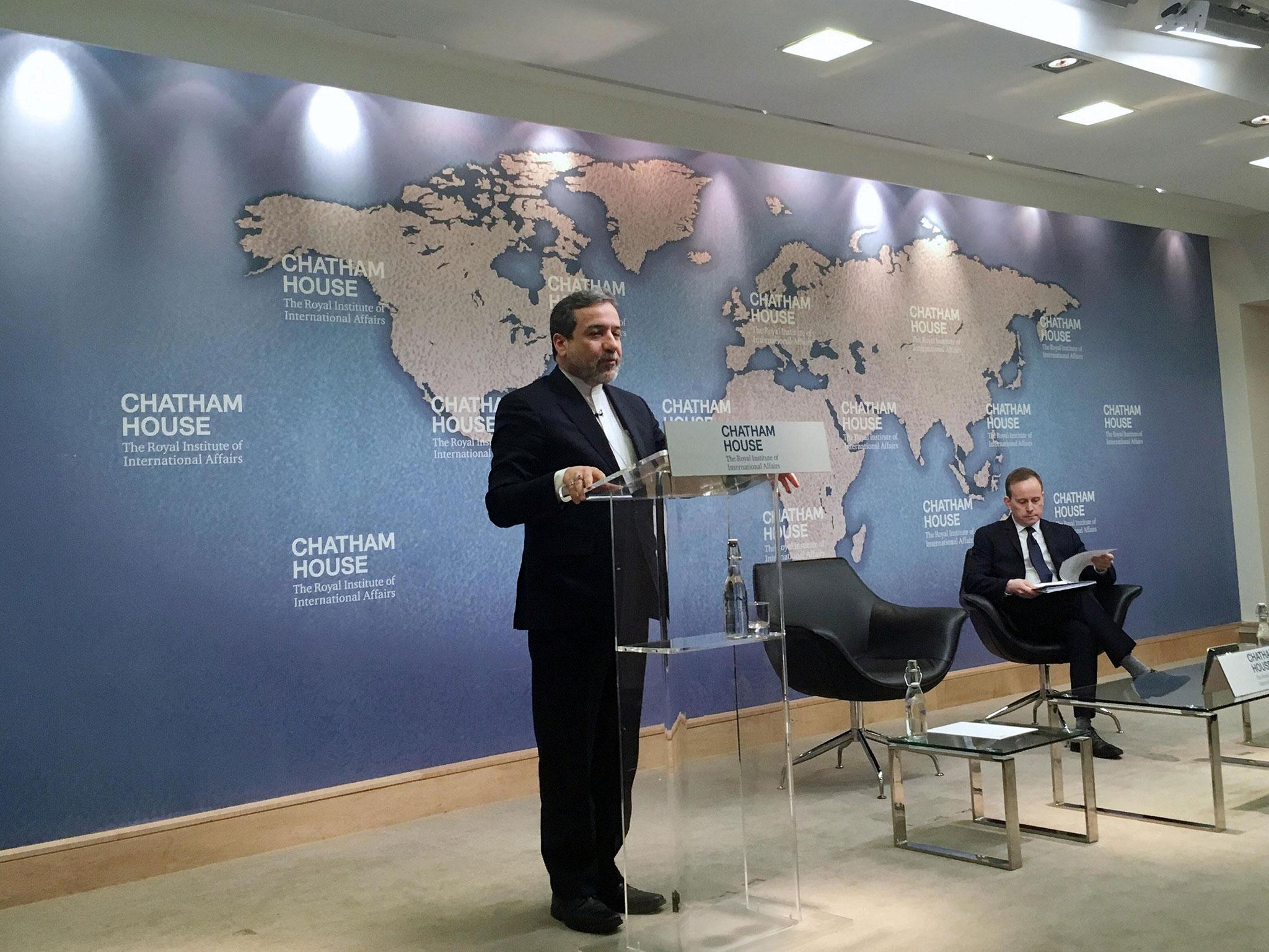 Iran's Deputy Foreign Minister Abbas Araqchi speaking at the Chatham House think tank in London