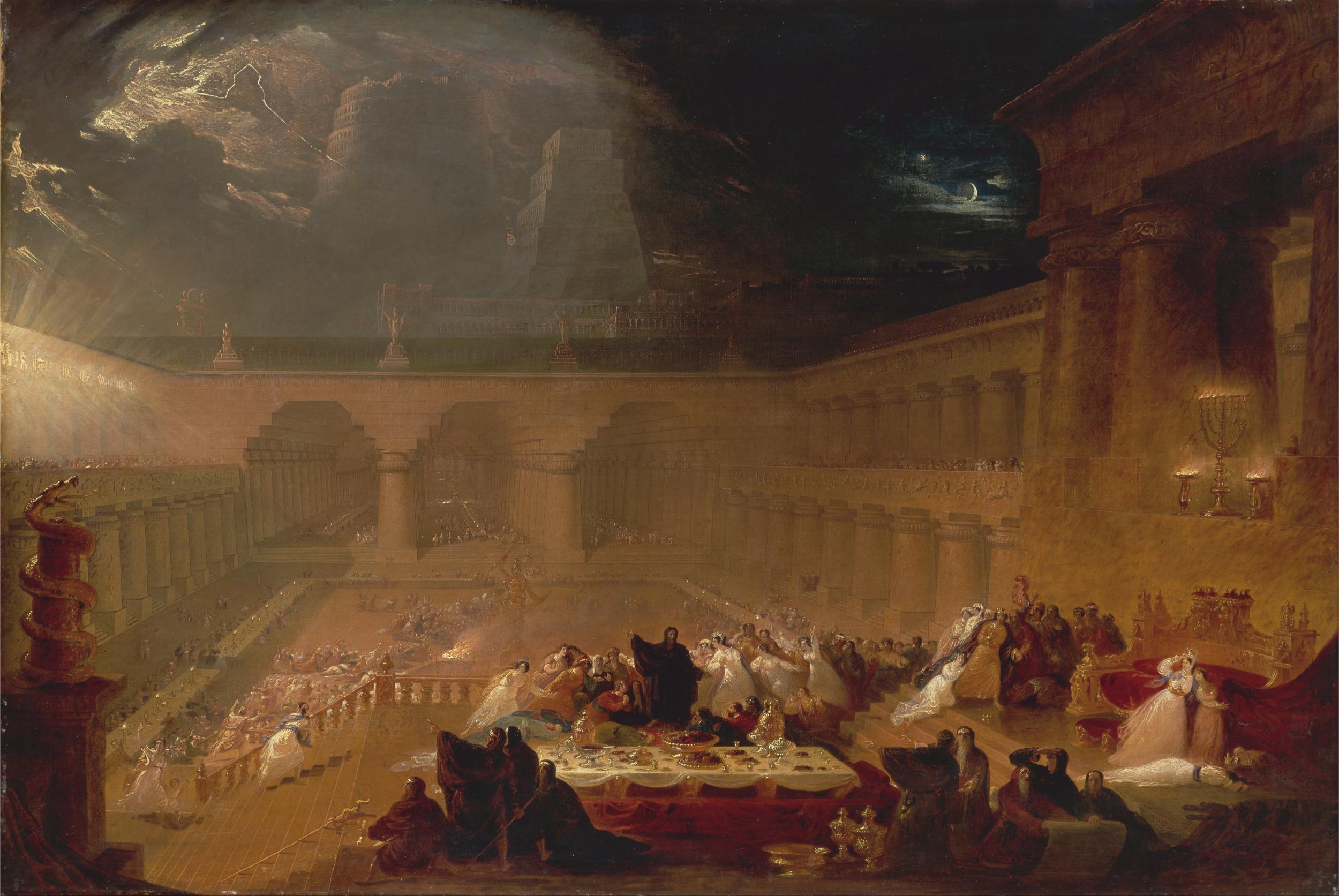 Belshazzar’s Feast, by John Martin, circa 1821. Poor Belshazzar could not have averted his doom, even if he had seen any graffiti