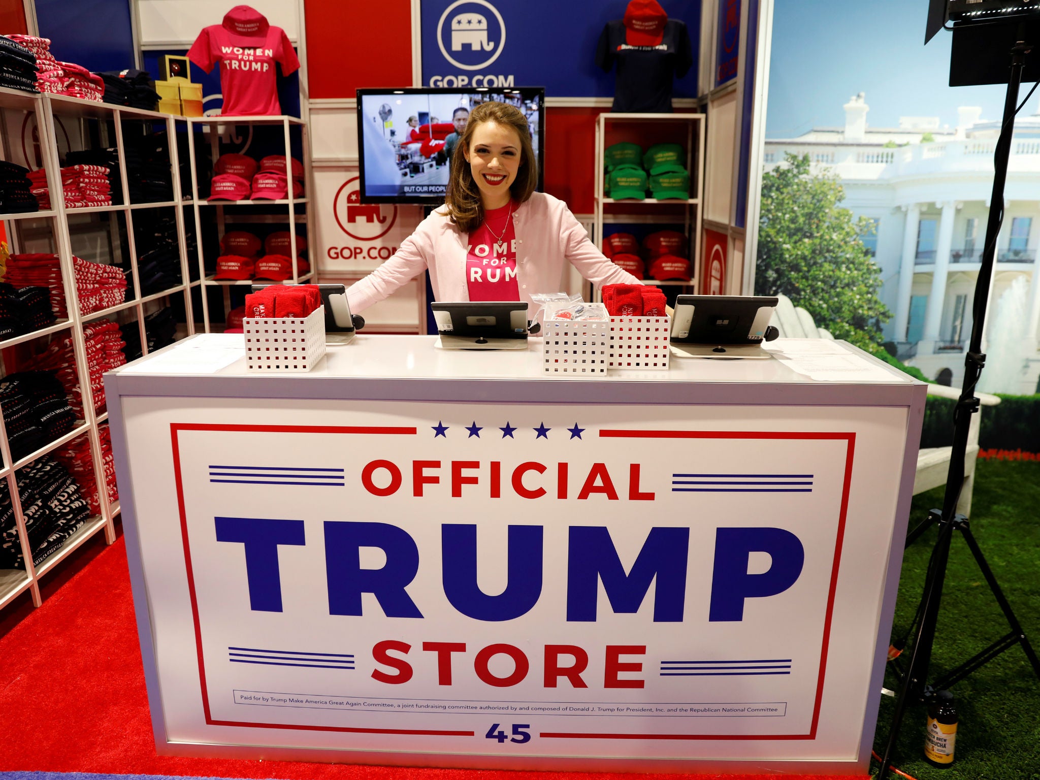 Merritt Corrigan tends the Official Trump Store at the Conservative Political Action Conference (CPAC) at National Harbor, Maryland