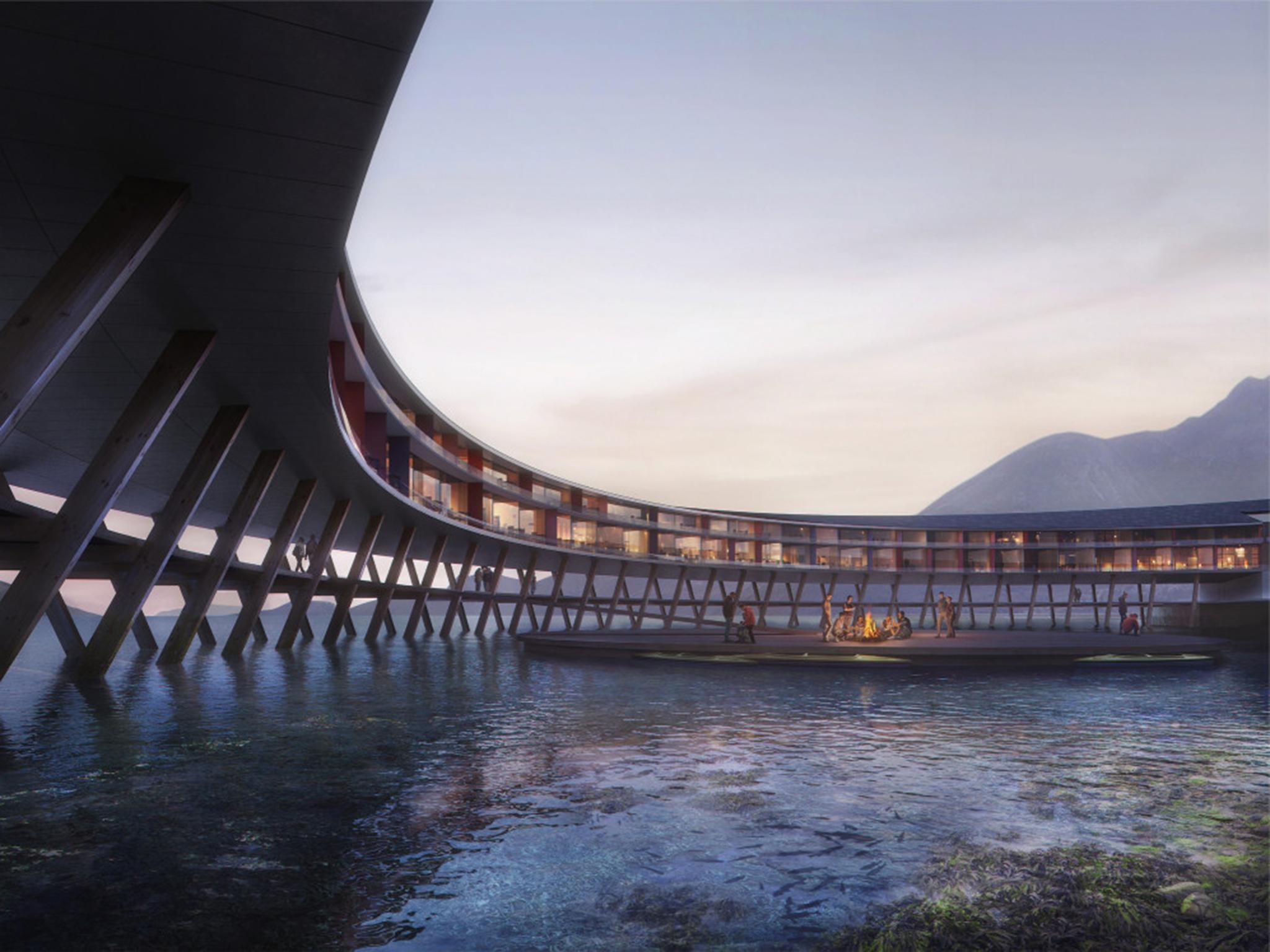 The hotel will be suspended above the water on V-shaped stilts to reduce its environmental impact.