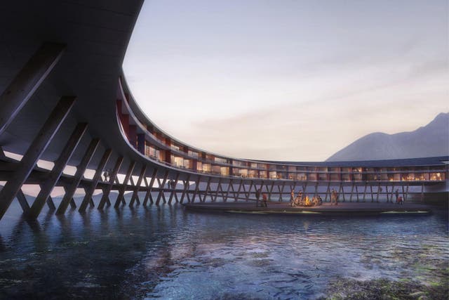 The hotel will be suspended above the water on V-shaped stilts to reduce its environmental impact.