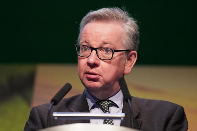 British Environment, Food and Rural Affairs Secretary Michael Gove addresses delegates at the National Farmers Union annual conference