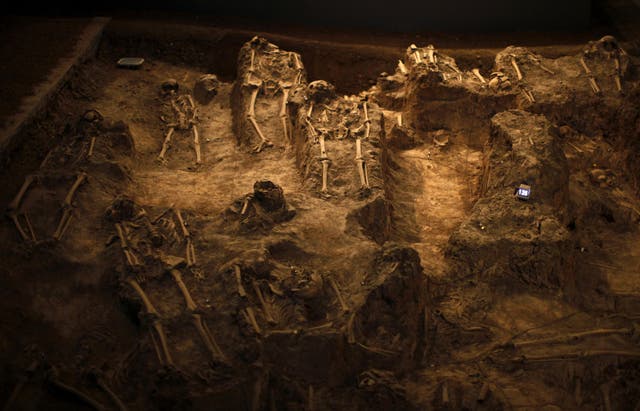 Skeletons of victims of the Nanjing nassacre are seen at the Nanjing Massacre Museum in Jiangsu
