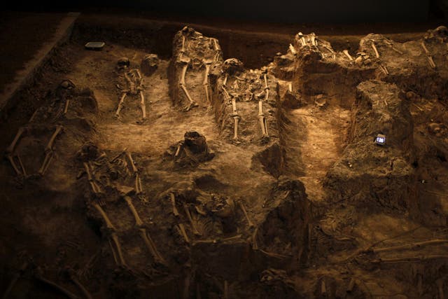 Skeletons of victims of the Nanjing nassacre are seen at the Nanjing Massacre Museum in Jiangsu