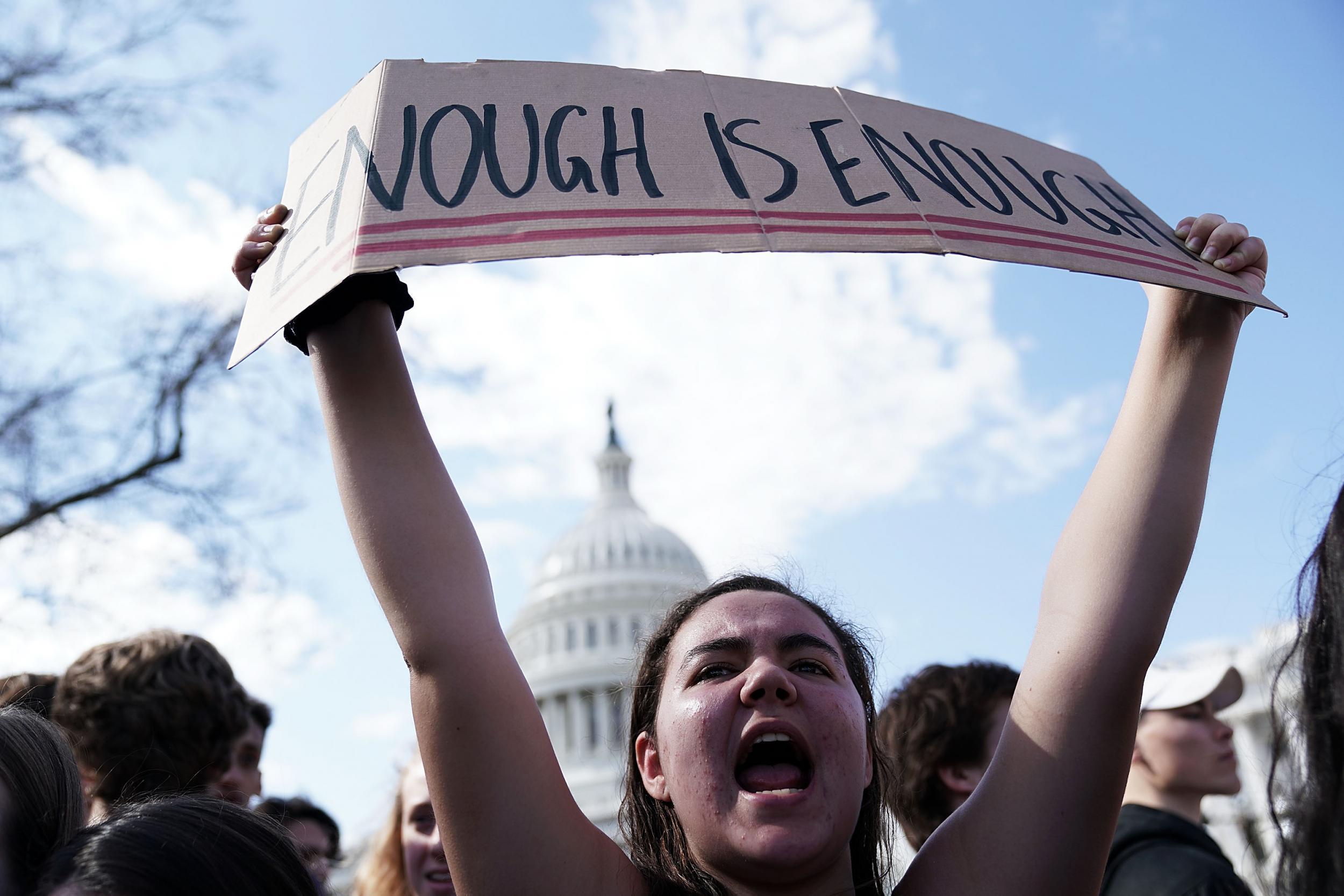 A gun control advocate outside of the US Capitol Building in Washington