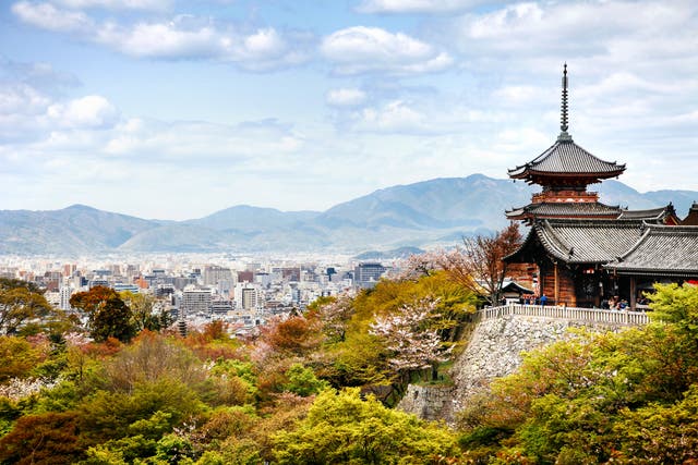 The Kiyomizu-dera Buddhist Temple grounds and Kyoto skyline