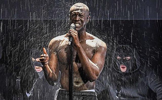 Stormzy during his Brits performance, when he called out the PM over Grenfell and attacked the Daily Mail
