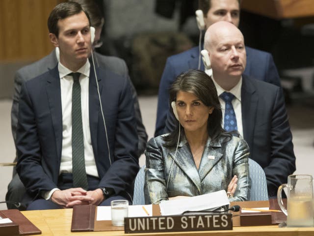 American Ambassador to the United Nations Nikki Haley listens during a Security Council meeting