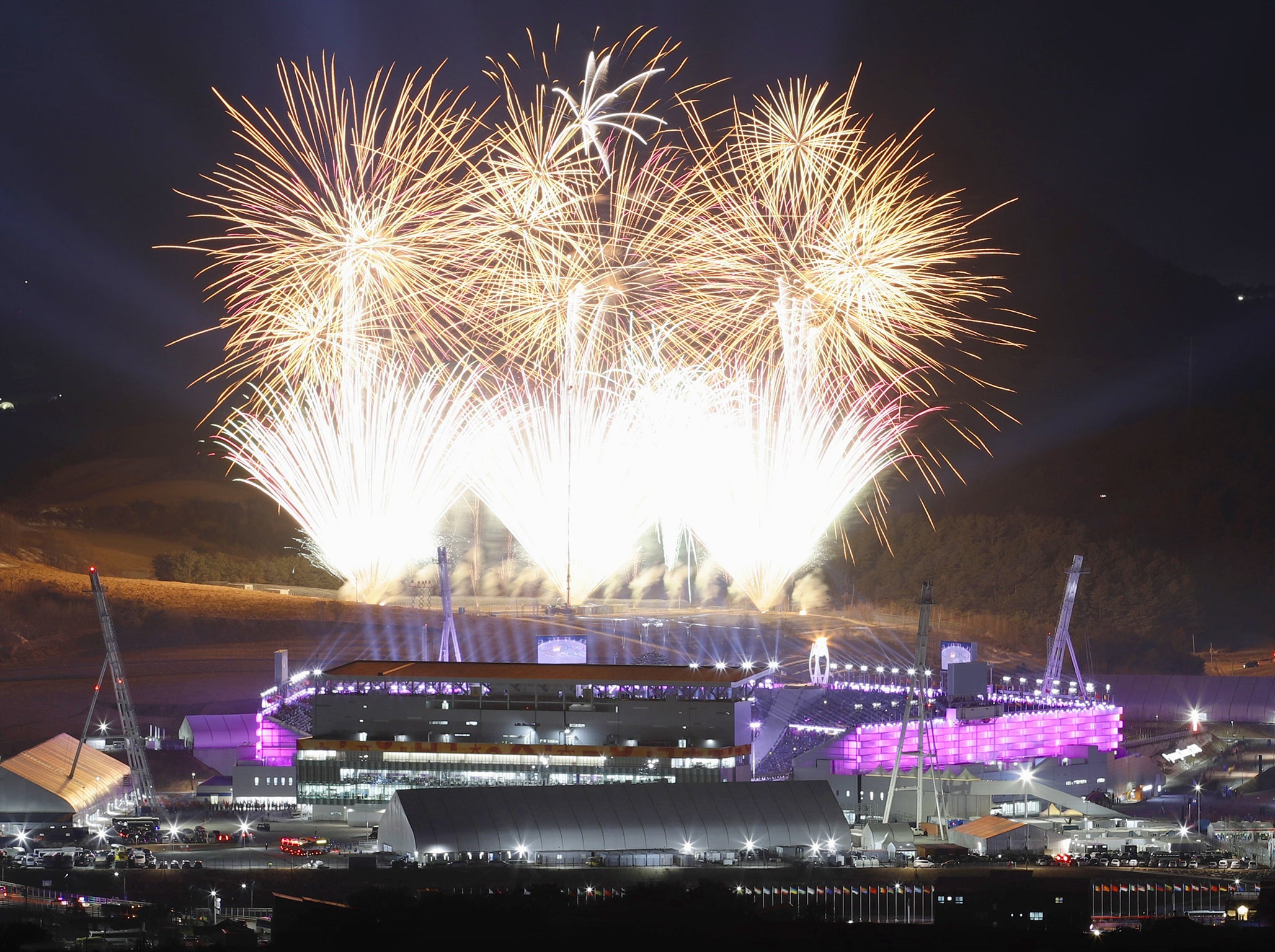 Fireworks light up the sky over the Pyeongchang Olympic Stadium during the closing ceremony