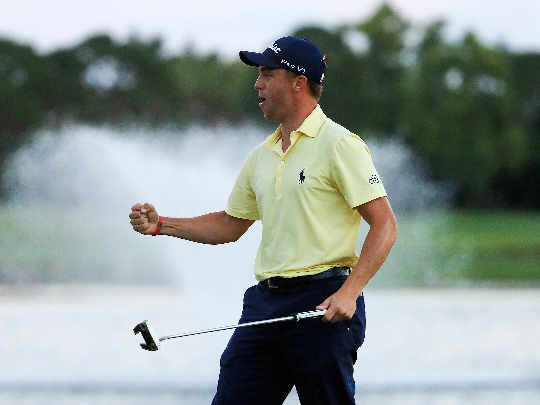 Justin Thomas celebrates his Honda Classic-winning putt in a play-off with Luke List