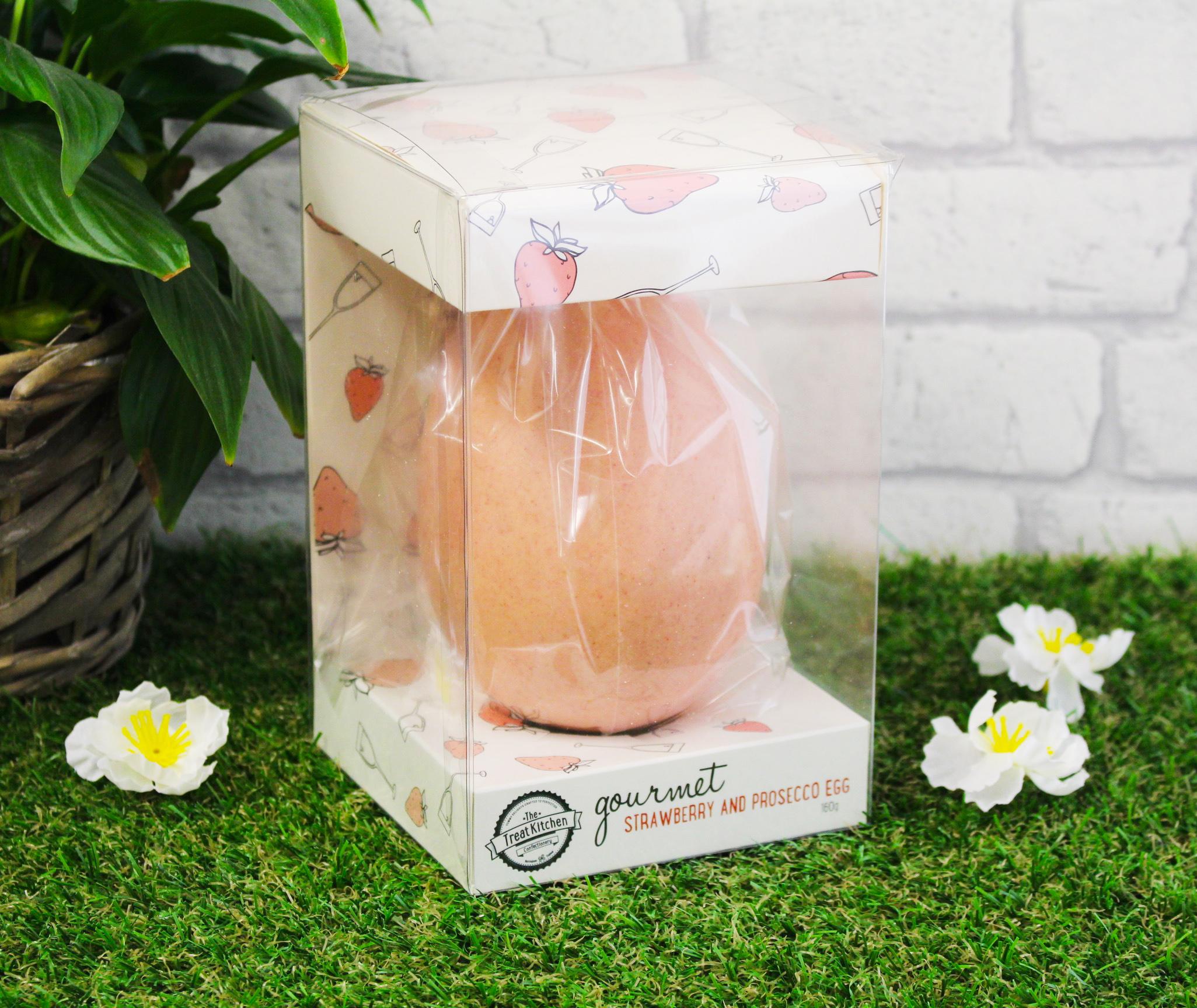 The strawberry and prosecco egg comes in a dusty shade of pink