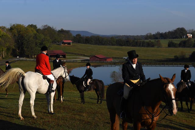 The Bull Run Hunt Club, a typical group outside Locust Dale, Virginia, gathers in preparation for the day’s chase
