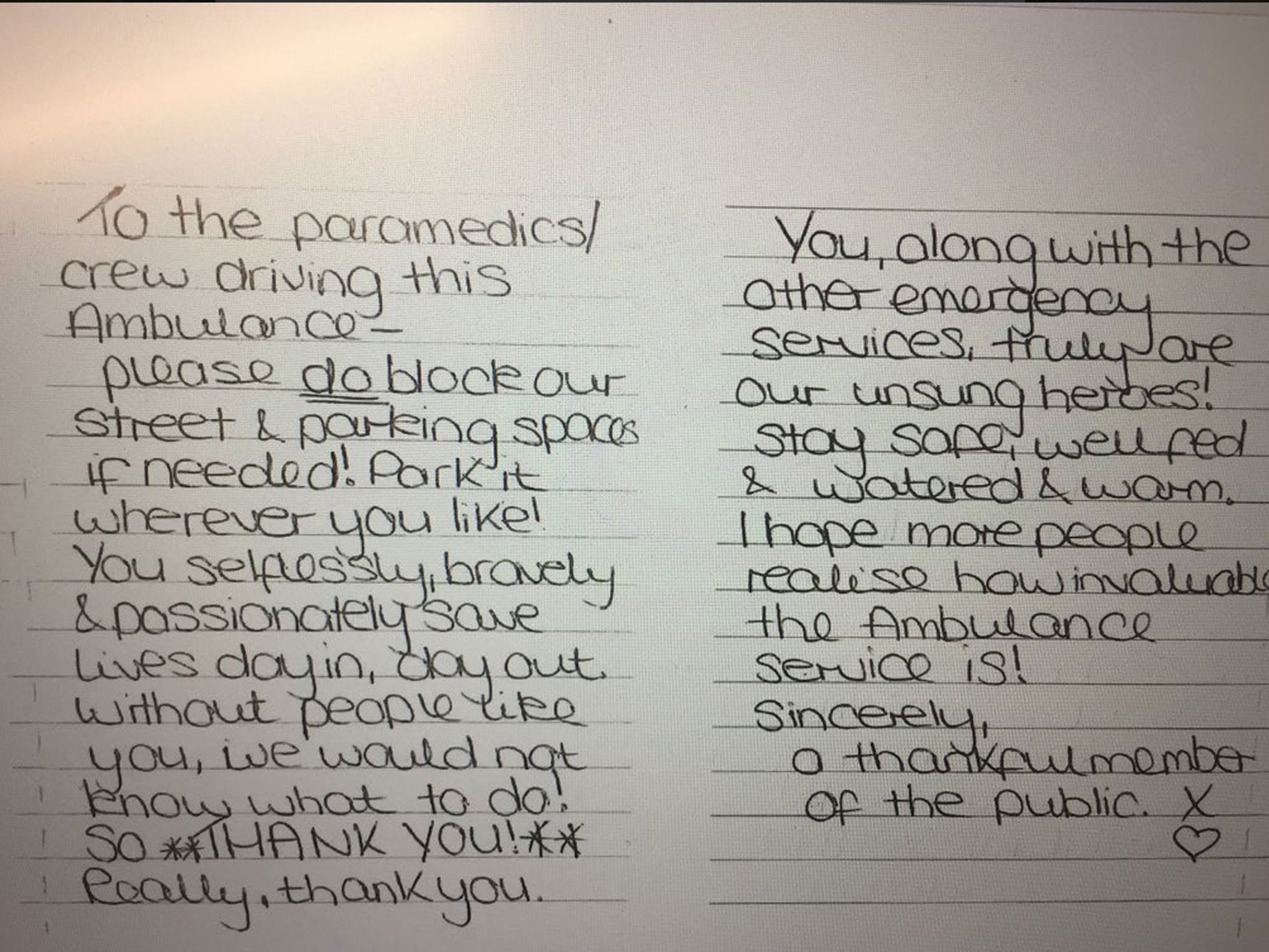 Paramedics receive anonymous thank-you note inviting them to block ...