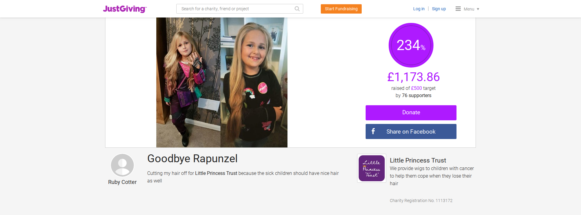 Ruby Cotter is donating her Rapunzel hair to sick children (JustGiving)