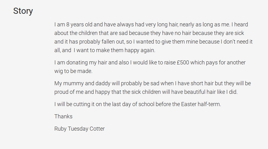 The eight-year-old wants to raise money to make other wigs too (JustGiving)