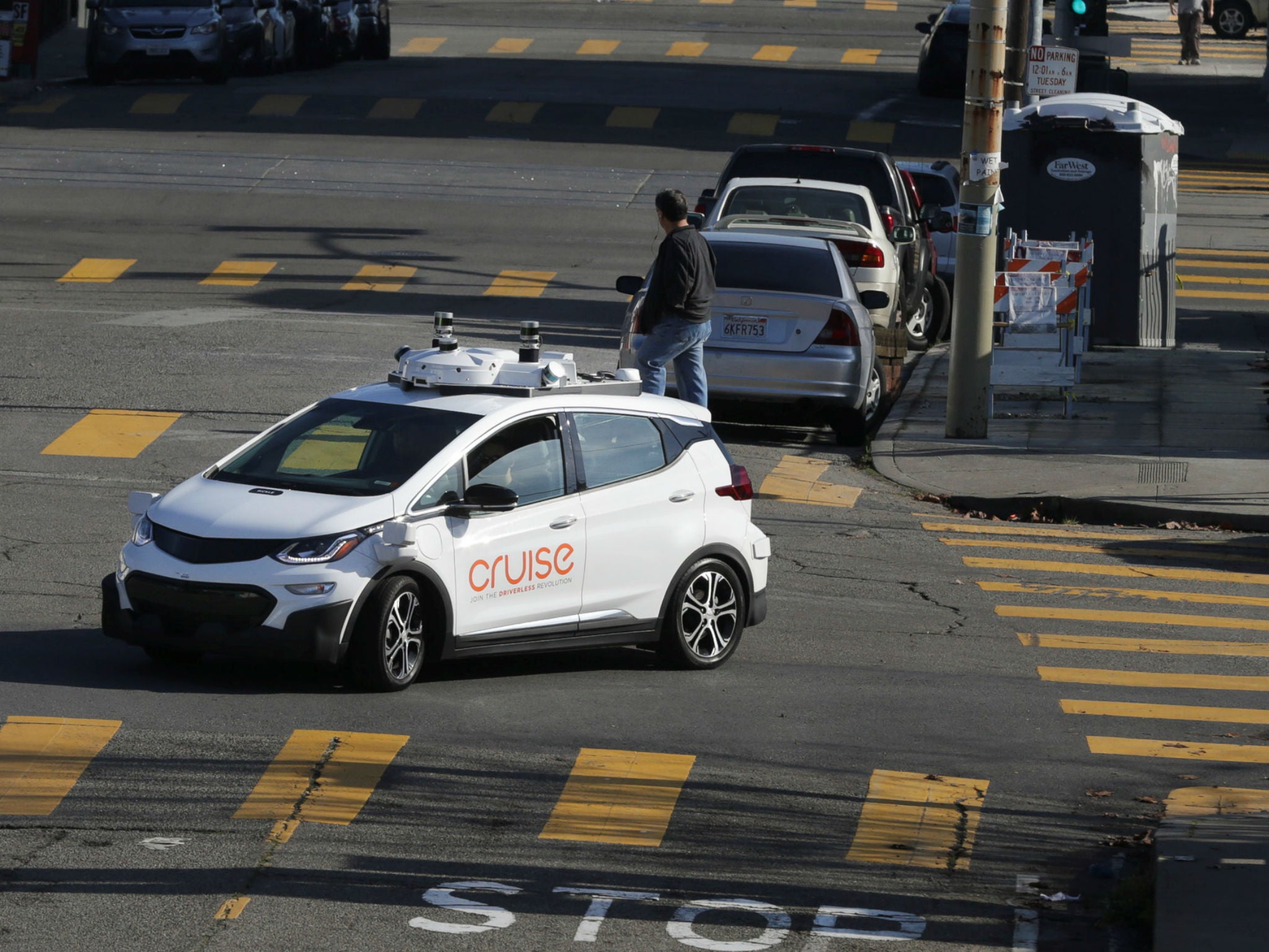 A self-driving GM Bolt EV is seen during a media event in San Francisco, California