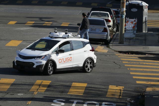 A self-driving GM Bolt EV is seen during a media event in San Francisco, California