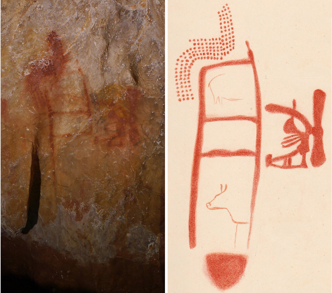 Ladder-like painting in the La Pasiega cave. Animals, visible in a rendering made by an archaeologist in 1913, (right), are thought to have been added later by modern humans (CD Standish, AWG Pike and DL Hoffmann)
