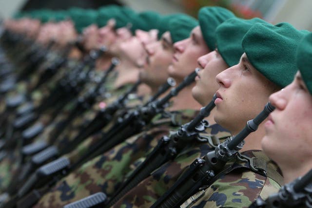Members of the Swiss federal army's honor guard in October 2012.REUTERS/Thomas Hodel