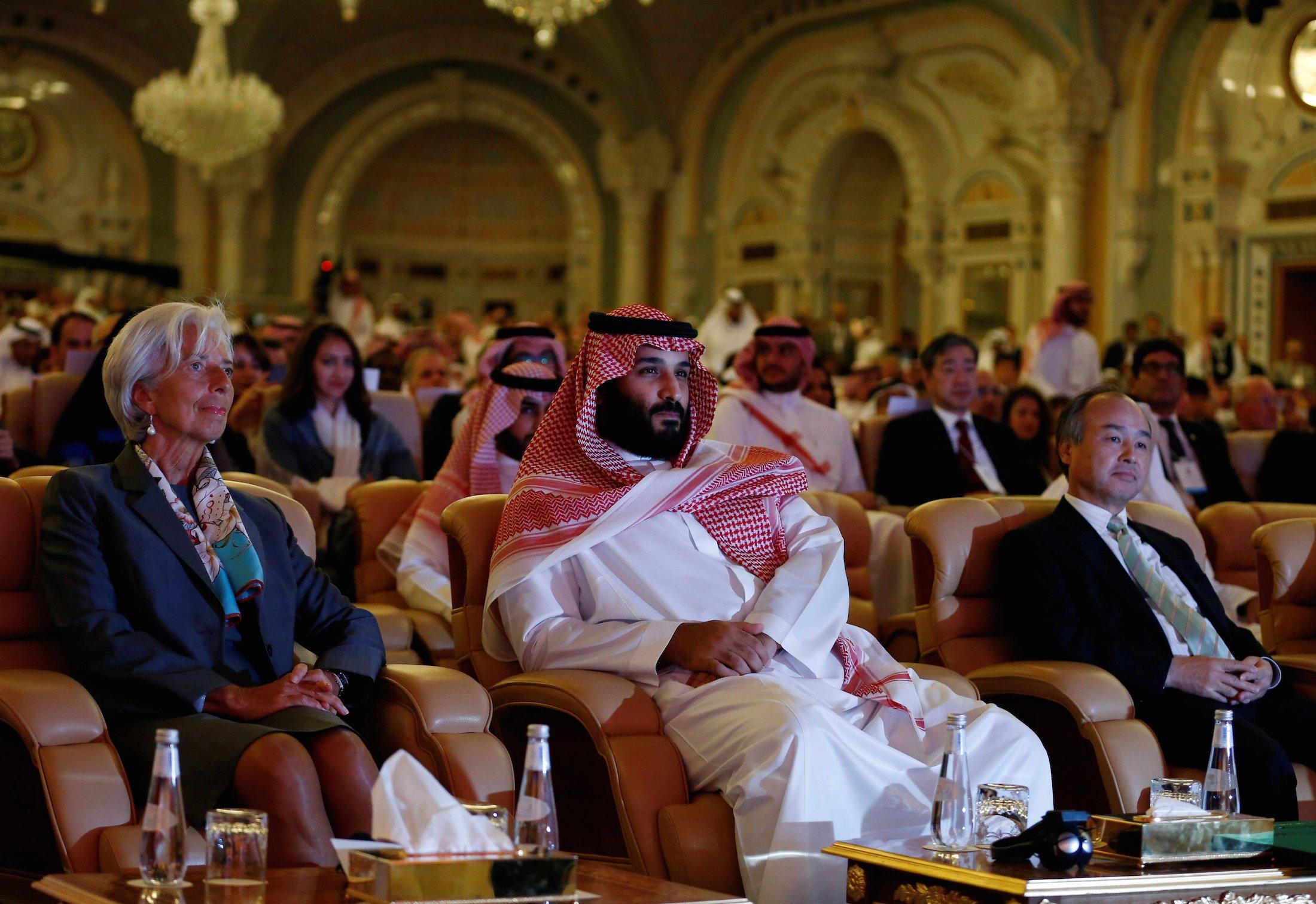 Saudi Crown Prince Mohammed bin Salman, Masayoshi Son, SoftBank Group Corp. Chairman and CEO, and Christine Lagarde, International Monetary Fund (IMF) Managing Director, attend the Future Investment Initiative conference in Riyadh, Saudi Arabia October 24, 2017. Reuters