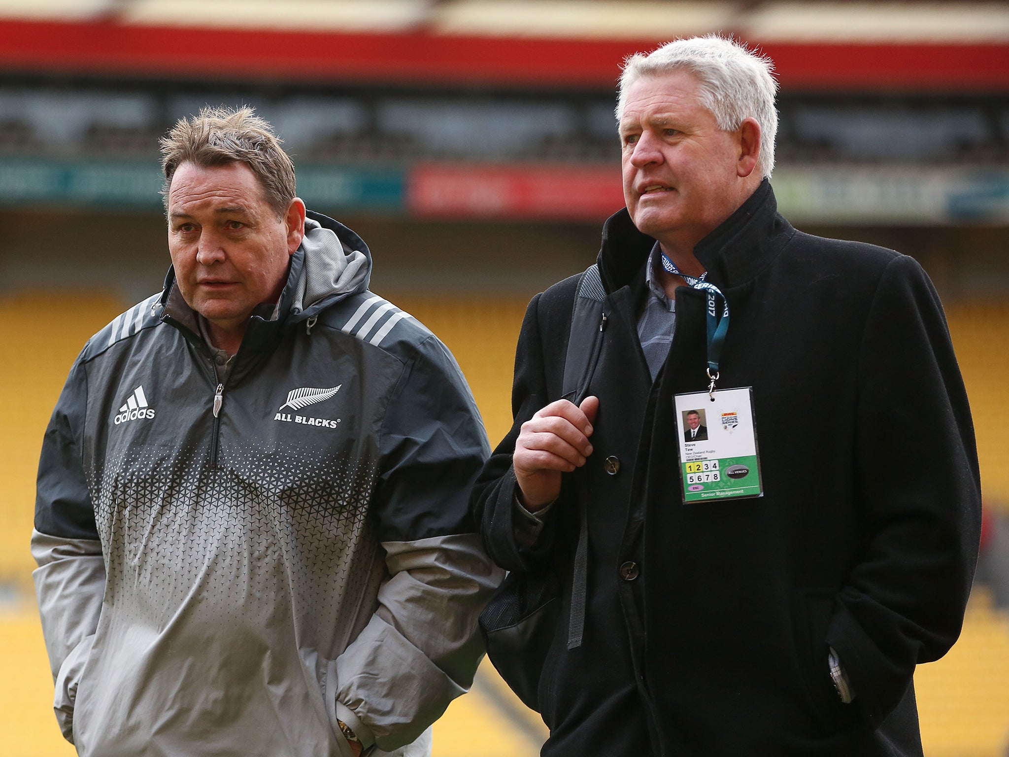Steve Tew (right) fears Steve Hansen's (left) selection options for the All Blacks are being depleted