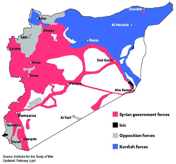 Areas of control across Syria, prior to the Turkish offensive into Afrin in the northwest