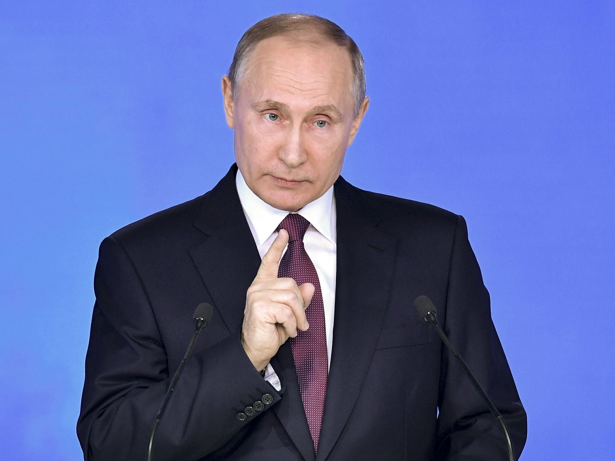 Russian President Vladimir Putin gives his annual state of the nation address in Manezh, Moscow