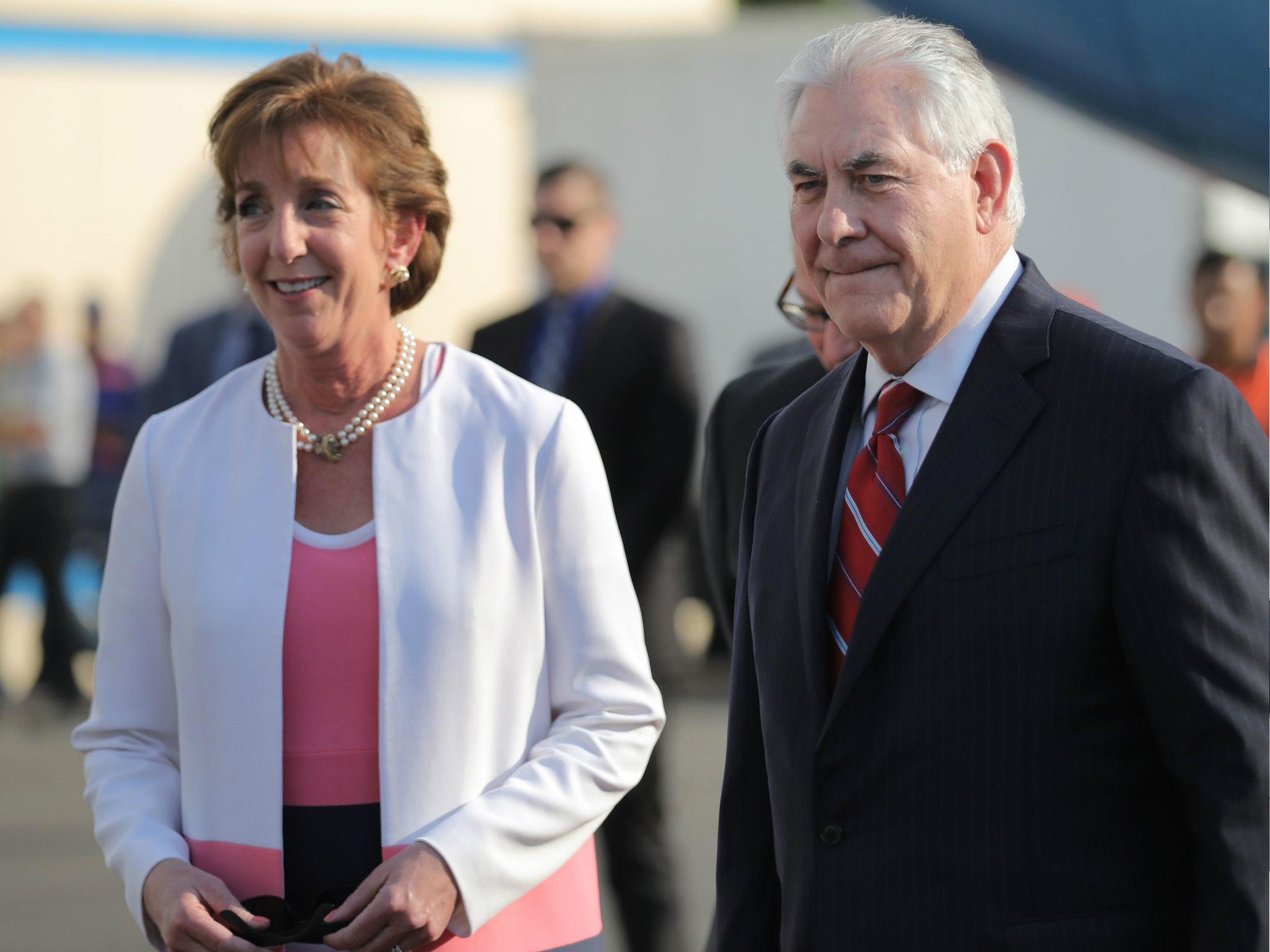 US Secretary of State Rex Tillerson is welcomed by US ambassador Roberta Jacobson as he arrives in Mexico City, Mexico on 22 February 2017.